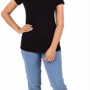 Women’s t-shirt in a solid color, crew neck short-sleeve top laid flat