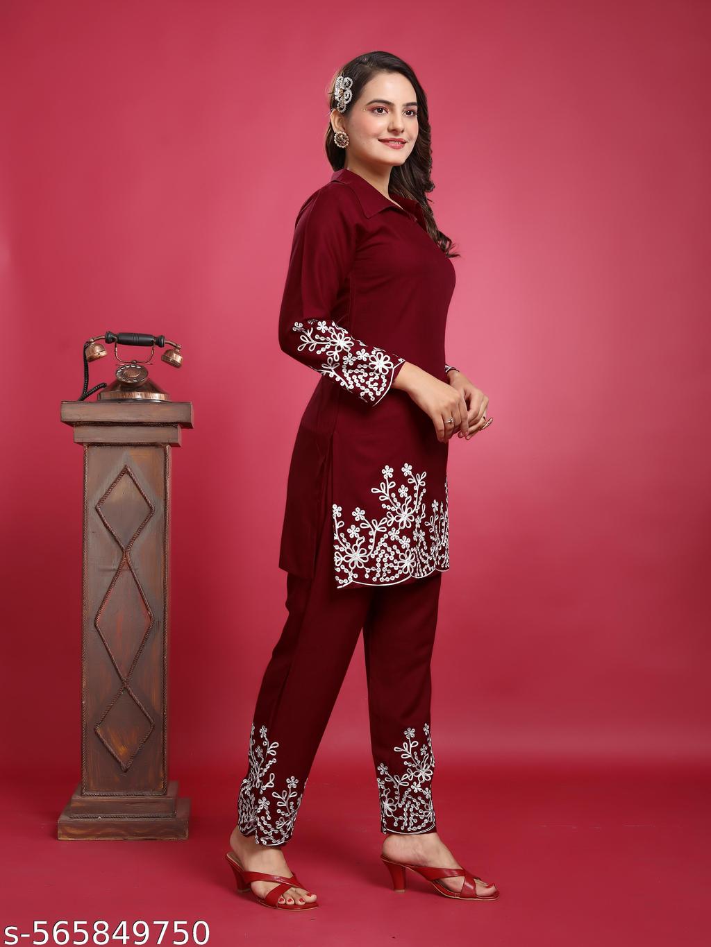 Embroidered Co Ord Set for Women & Girls | Rayon 2 Girl in stylish embroidered co ord set for festive wear