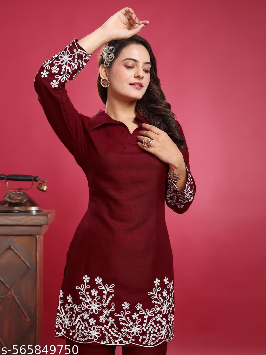 Embroidered Co Ord Set for Women & Girls | Rayon 4 Women wearing embroidery work rayon co ord set top and pant