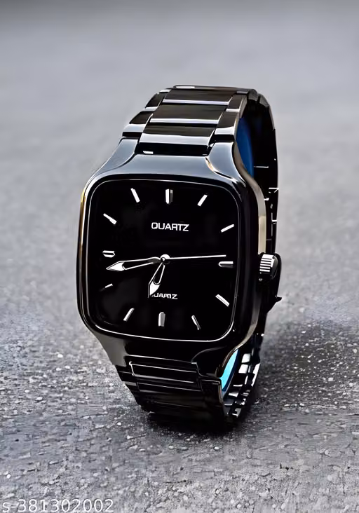 Fancy Men Analog Watches – Stylish Classic Wristwatch for Men 1 Black ceramic square analog quartz watch with polished link bracelet, silver baton hour markers and silver hands on a matte black dial