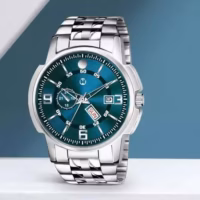 Silver stainless steel chain green dial analog watch for men and boys